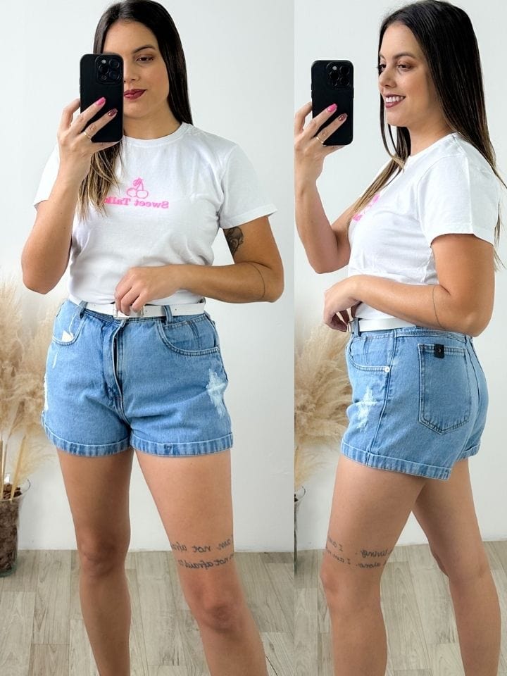 Short Jeans Feminino Desfiado Marmorizado Verão 2023